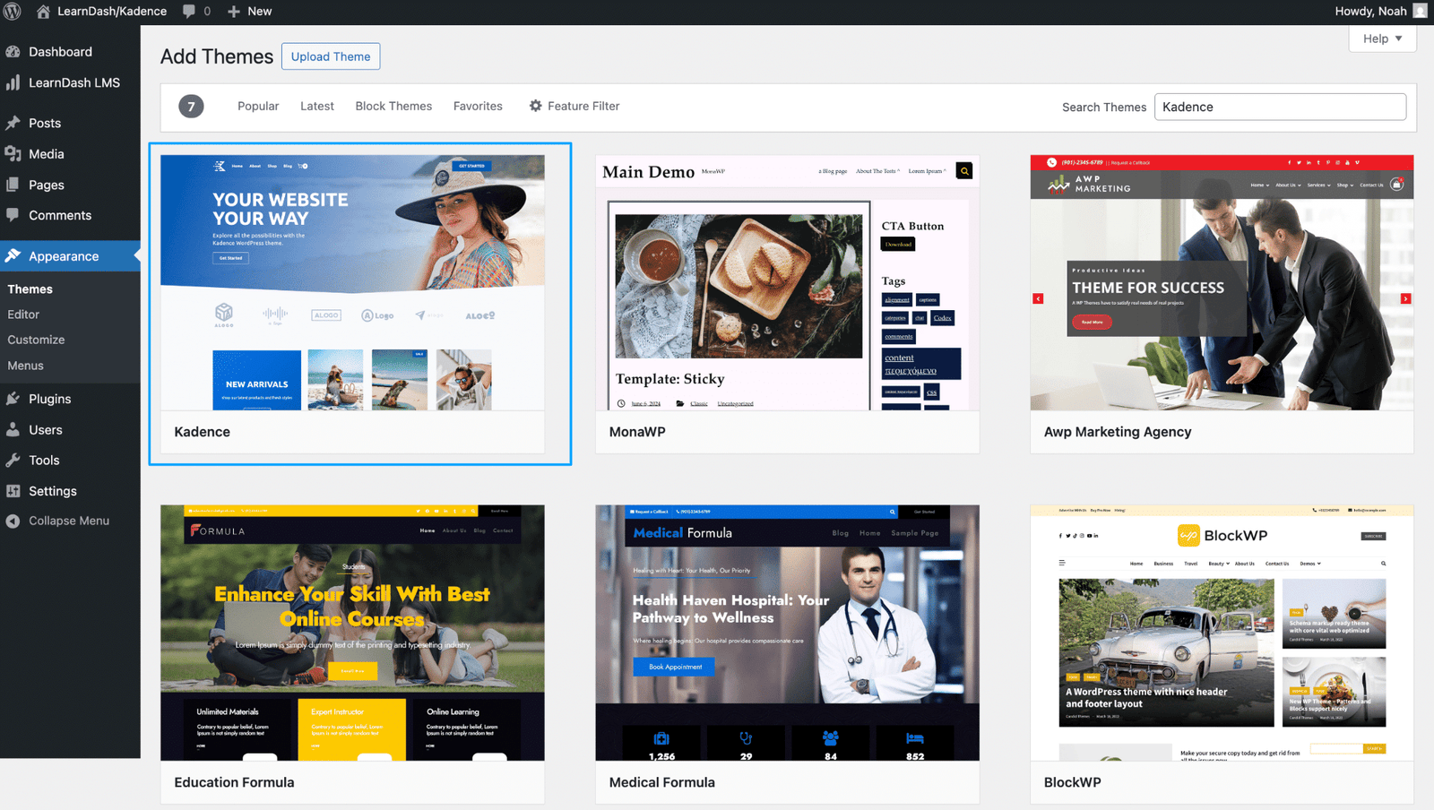 Image showing how to add kadence theme on your site.