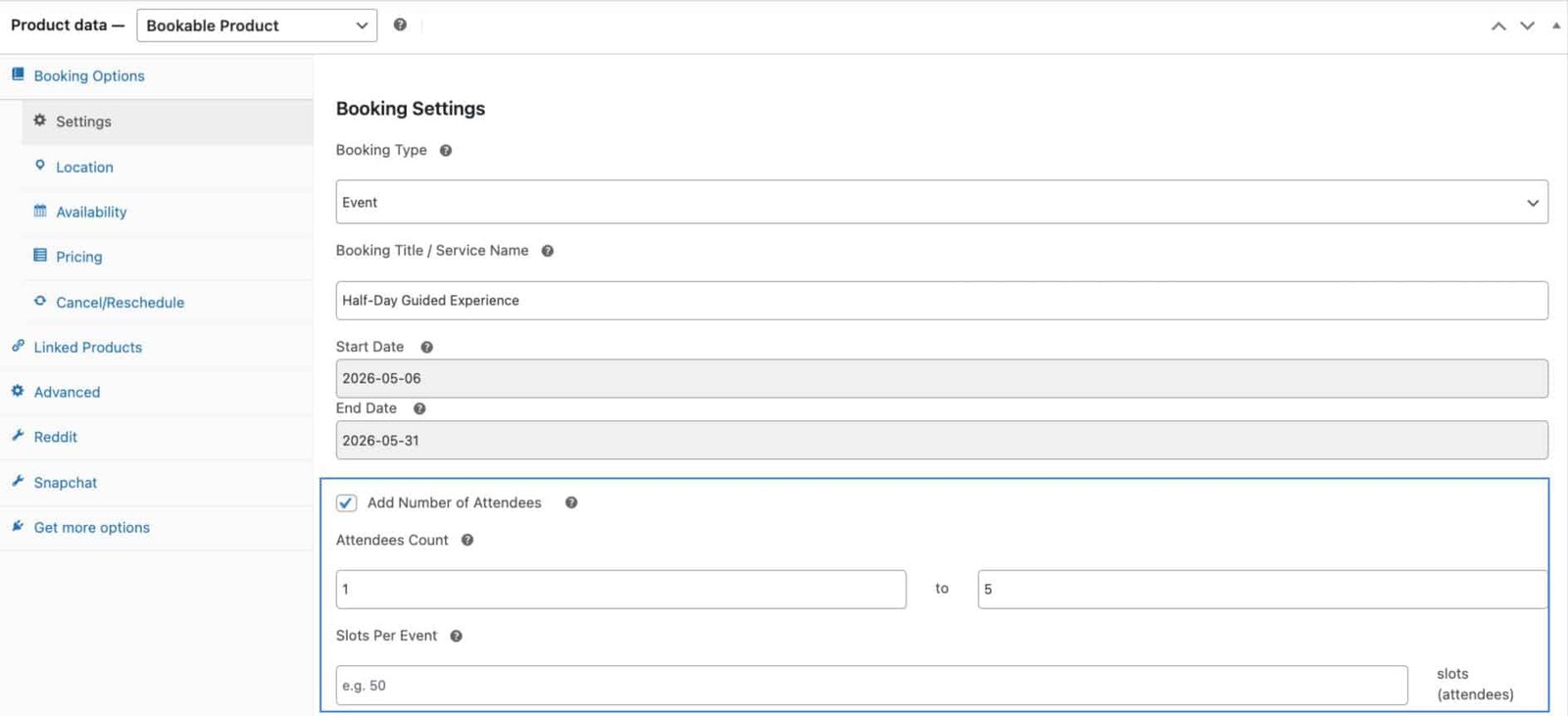 image showing booking settings tab with event booking type and capacity fields highlighted.