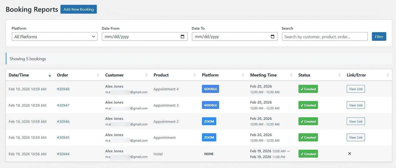 image showing booking reports dashboard across departure times and direct order links.