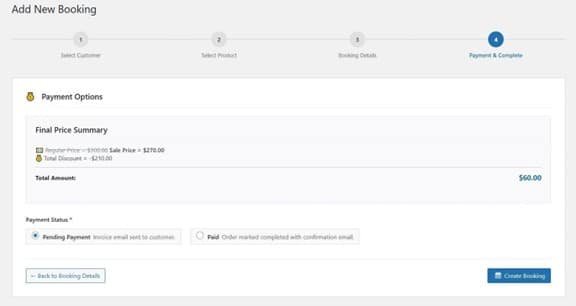 Final Pricing Summary payment status in manual bookings