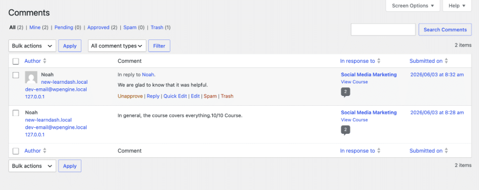 Image showing all comments in WordPress.