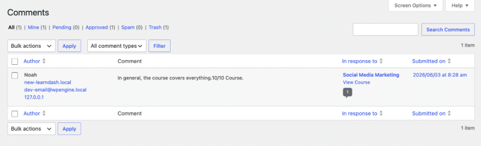 Image showing comments from Noah in WordPress.