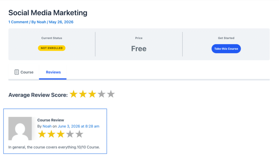 Image showing social media marketing course status.