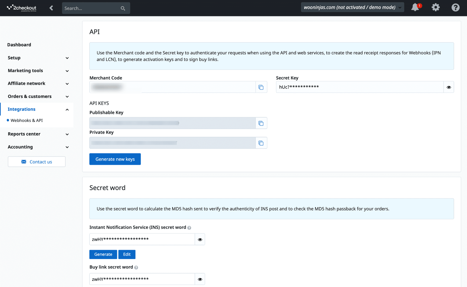 Image showing 2checkout API key.