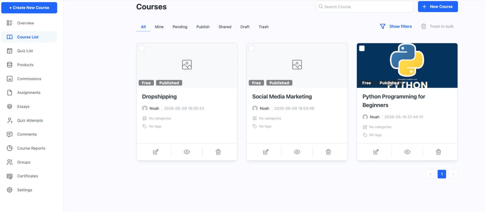 Image showing how to create new courses.