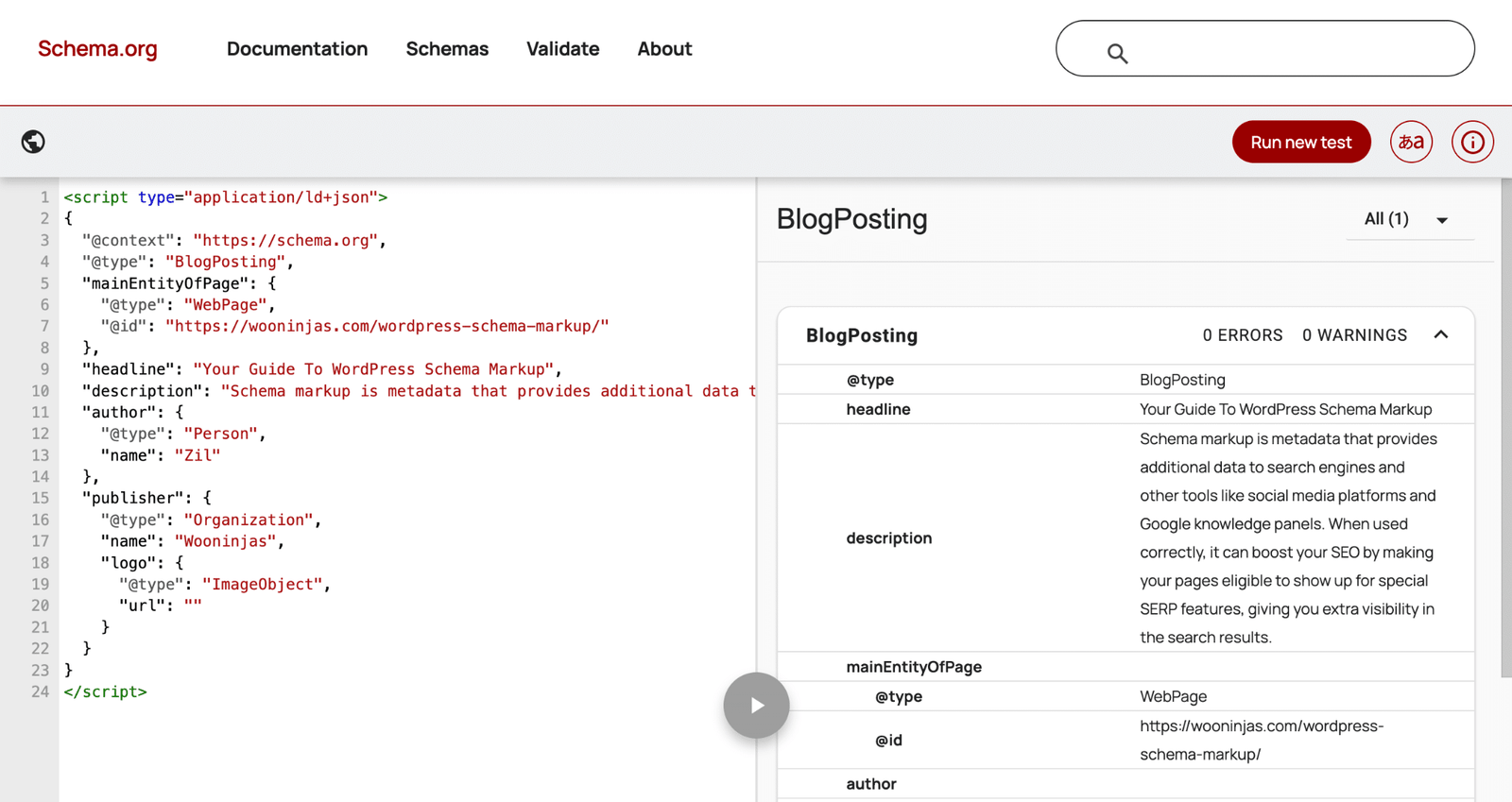 Image showing schema.org results test.