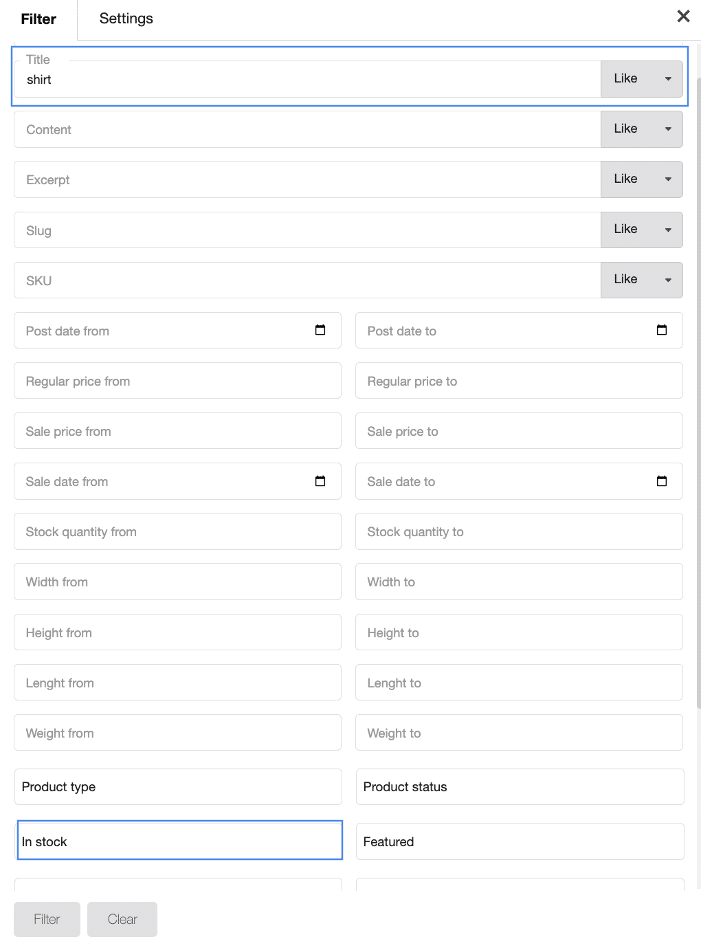 Image showing filter to search for products to edit.