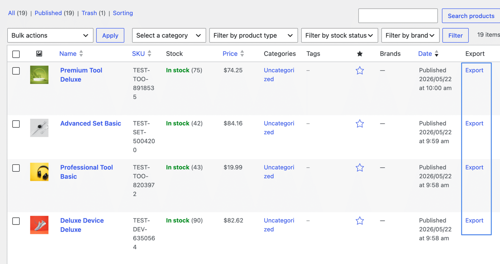 Image showing all products categories published.
