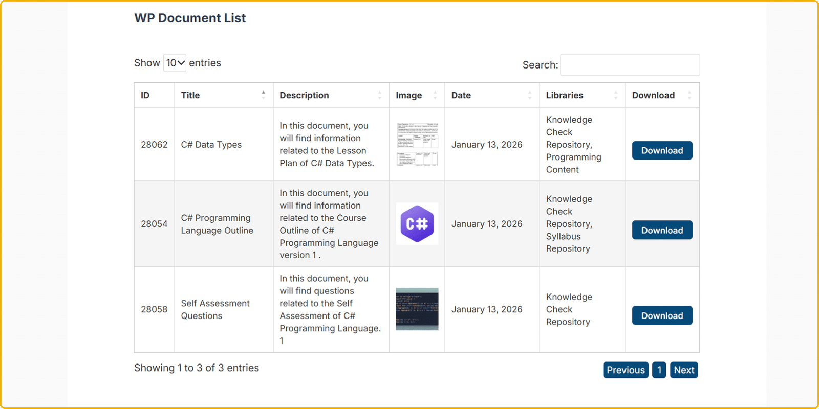 WordPress document library screenshot