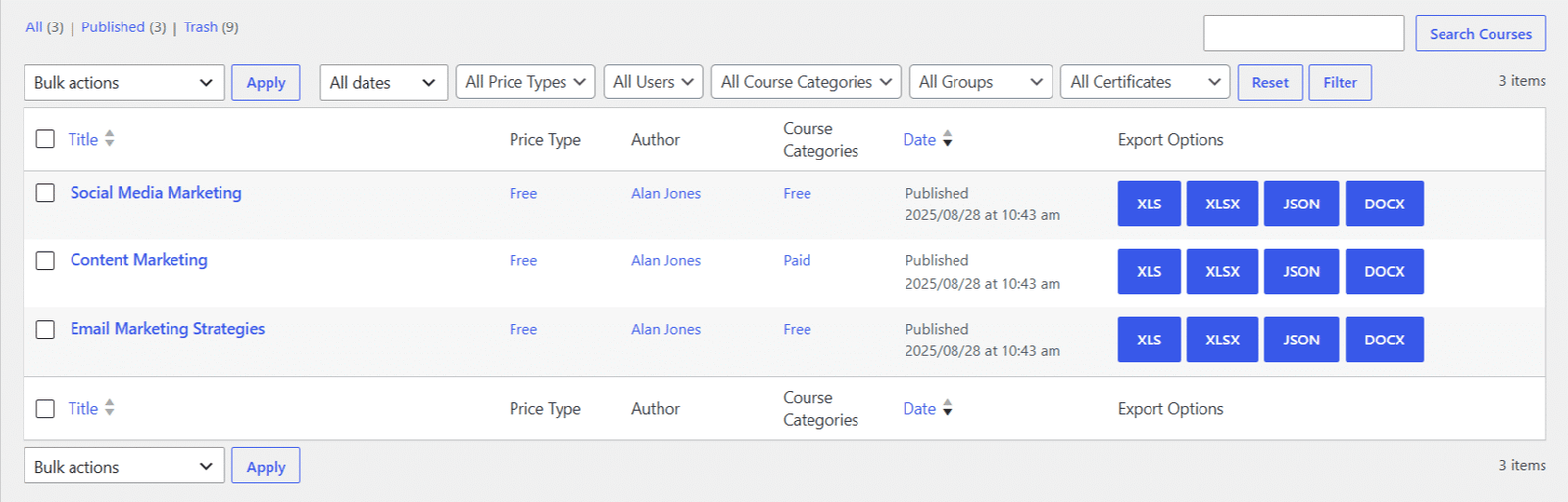 Image showing how to export courses as Docx.
