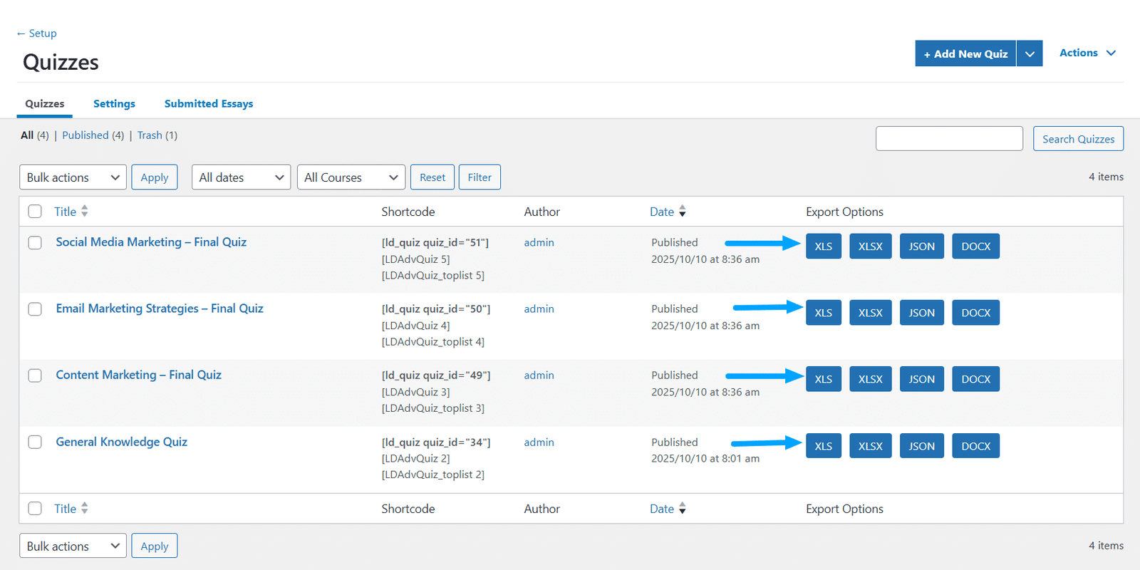 Image showing how to setup quizzes.