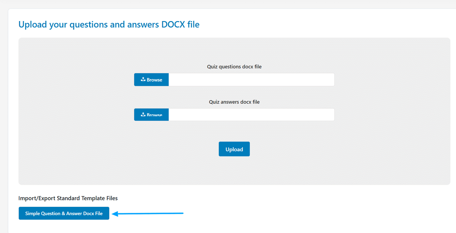 Image showing upload your questions and answers DOCX file. 