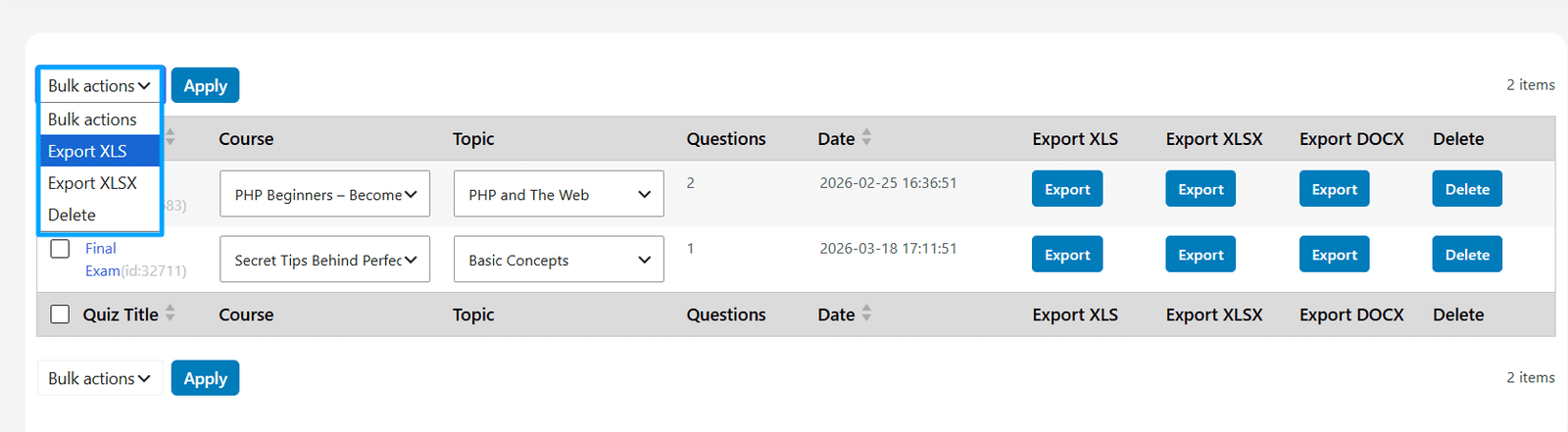 Image showing Multiple Quiz Export. 