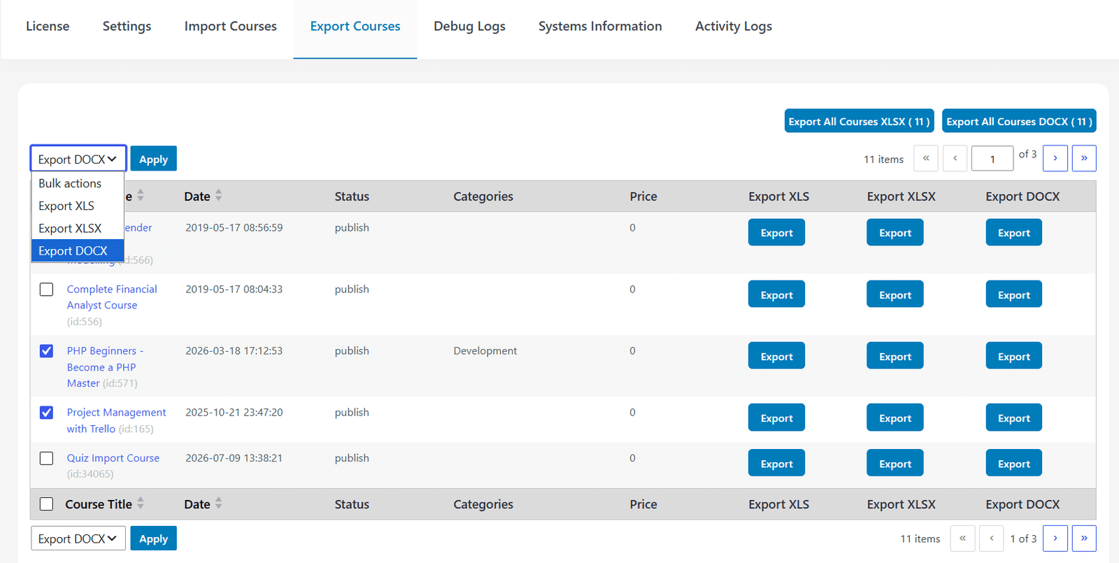 Image showing export courses and DOCX. 