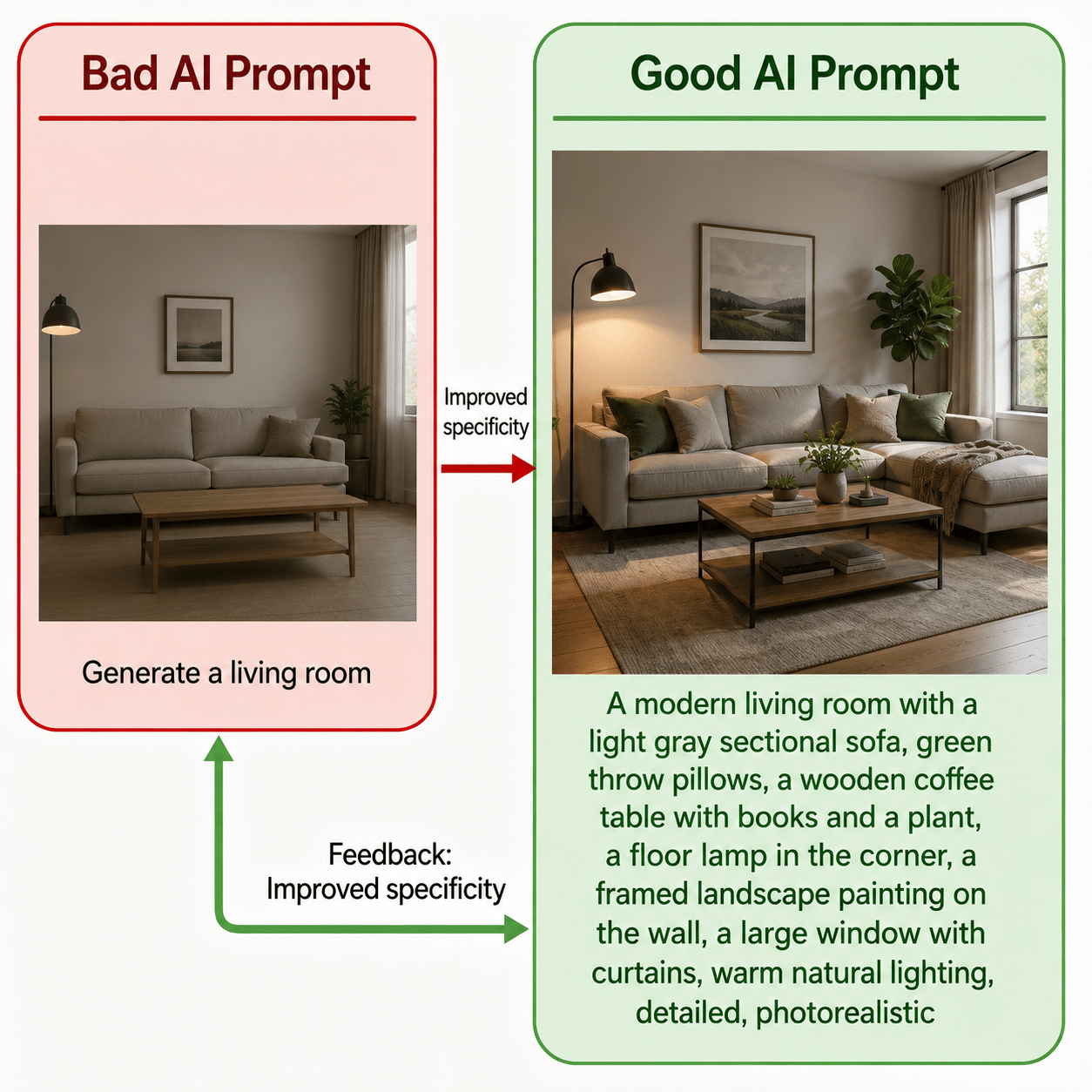 Image showing the difference between a bad and good AI prompt.