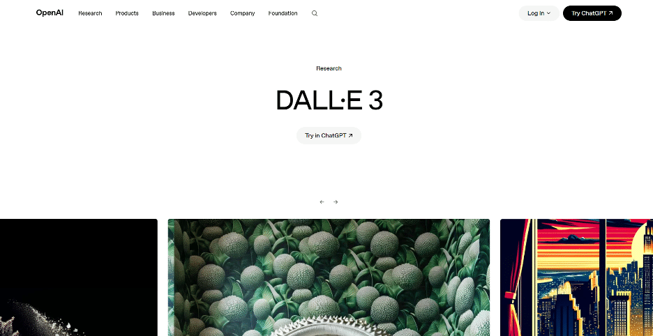 Image showing OpenAI Dall-E 3 website home page.