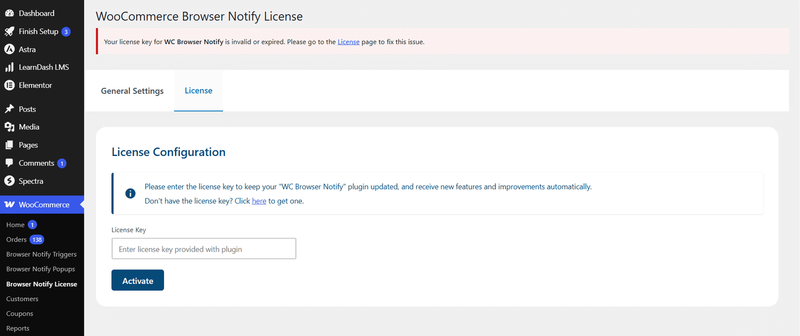 Image showing WooCommerce browser notify license.