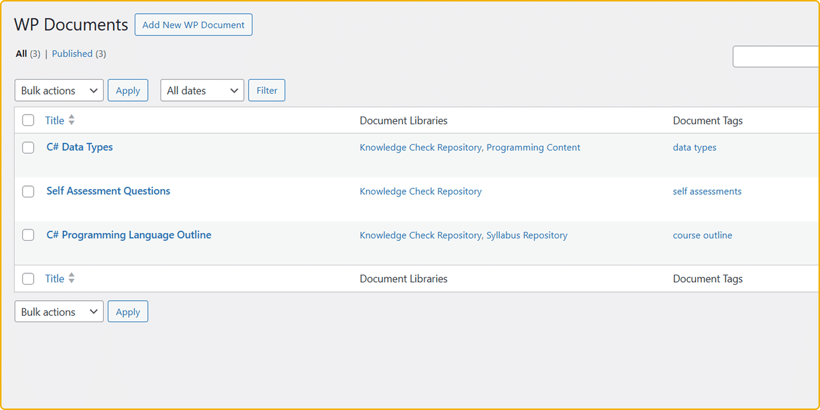 WordPress document library screenshot