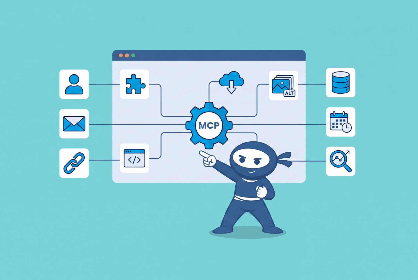 Automate WordPress with MCP: a central MCP gear connecting users, plugins, code, media alt text, database, scheduling, and analytics