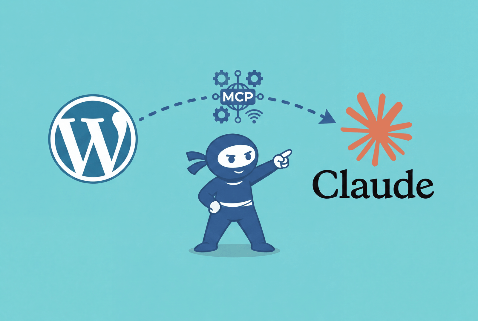 Diagram showing connecting Claude WordPress MCP, with a ninja mascot pointing from WordPress to Claude