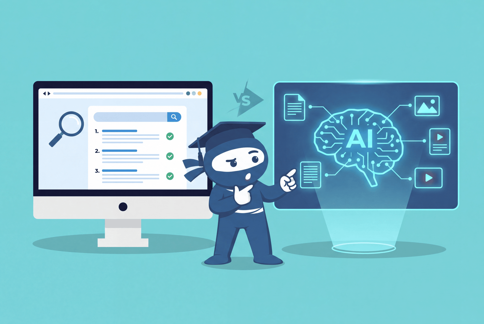 GEO vs SEO illustration showing a ninja pointing from a search engine results screen to an AI chatbot and knowledge graph screen
