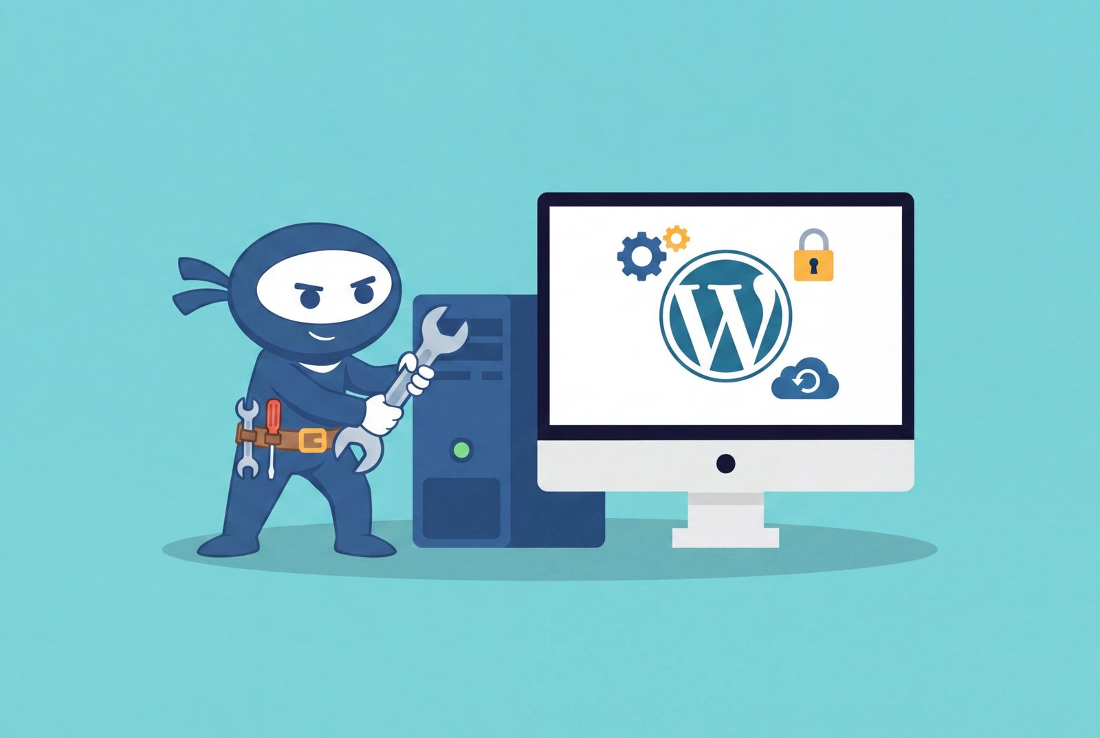 WordPress maintenance ninja securing a WordPress site with updates, backups, and security tools.