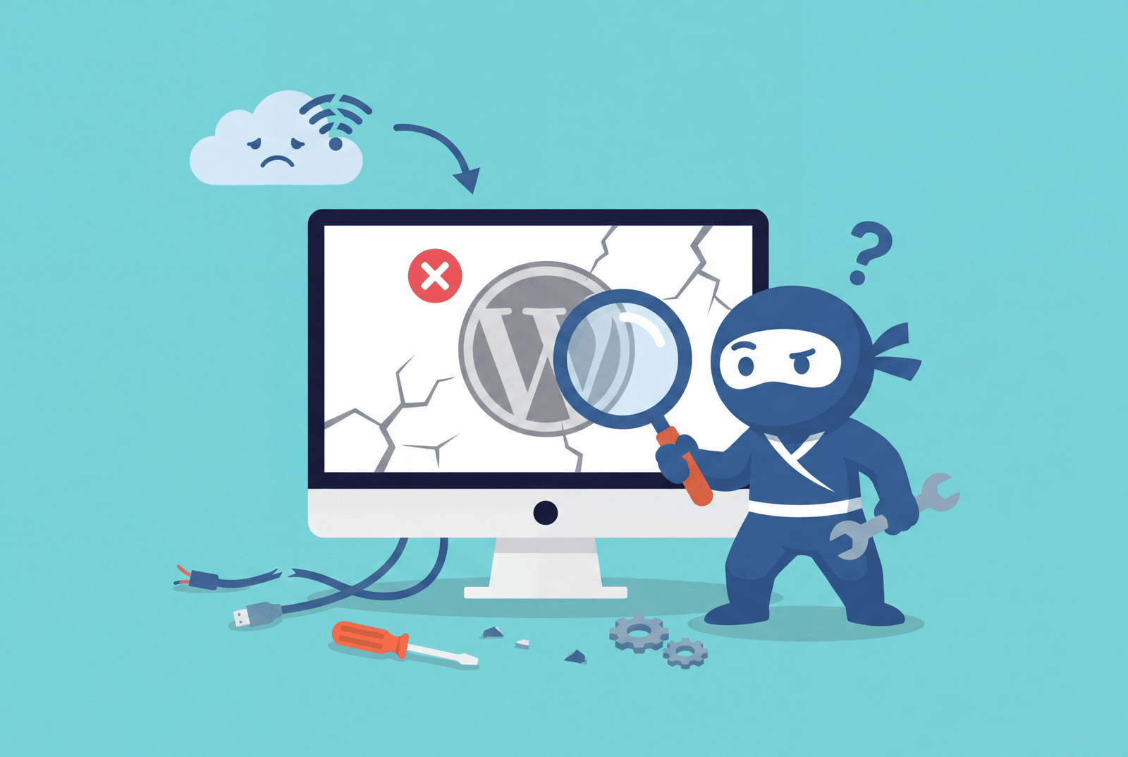 Is WordPress down: cracked WordPress screen with a disconnected cable, a WooNinjas ninja inspecting it with a magnifying glass and wrench