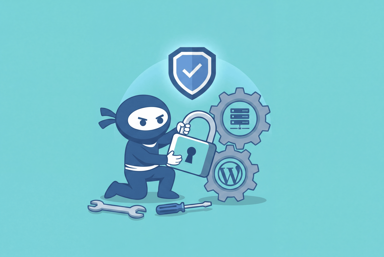 WordPress MCP integration safe setup shown with a WooNinjas ninja securing a lock and WordPress gear