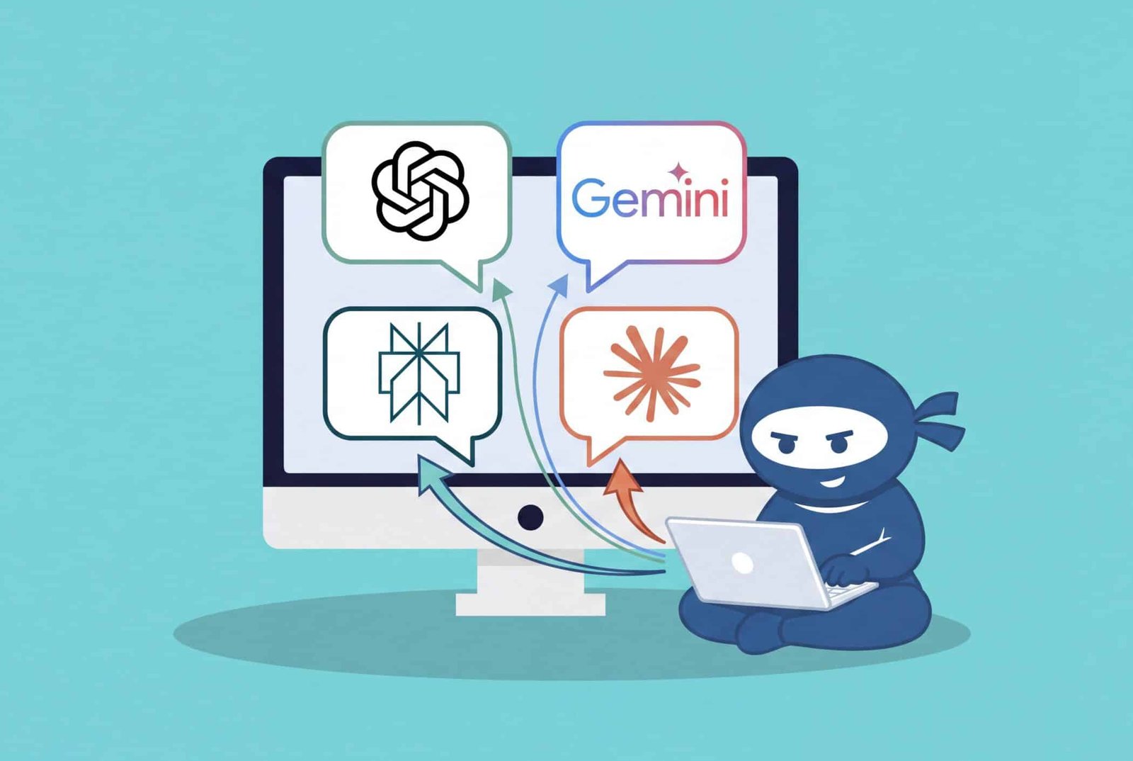 WooNinjas ninja mascot working on a laptop as OpenAI, Gemini, Perplexity, and Claude icons appear on a monitor, representing LLM SEO and AI search visibility.