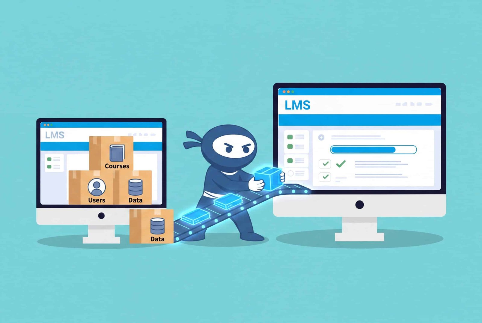 LMS migration process showing courses, users, and data moving between learning management systems.