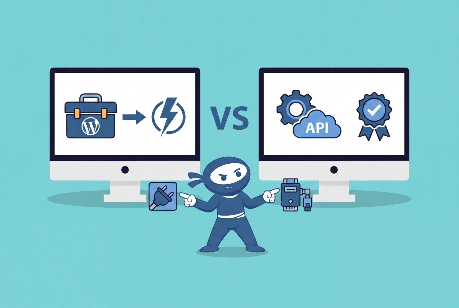 WordPress MCP Plugin vs MCP Adapter: a plugin toolbox on one screen and the official Abilities API on the other, compared side by sideWordPress MCP Plugin vs MCP Adapter: a plugin toolbox on one screen and the official Abilities API on the other, compared side by side