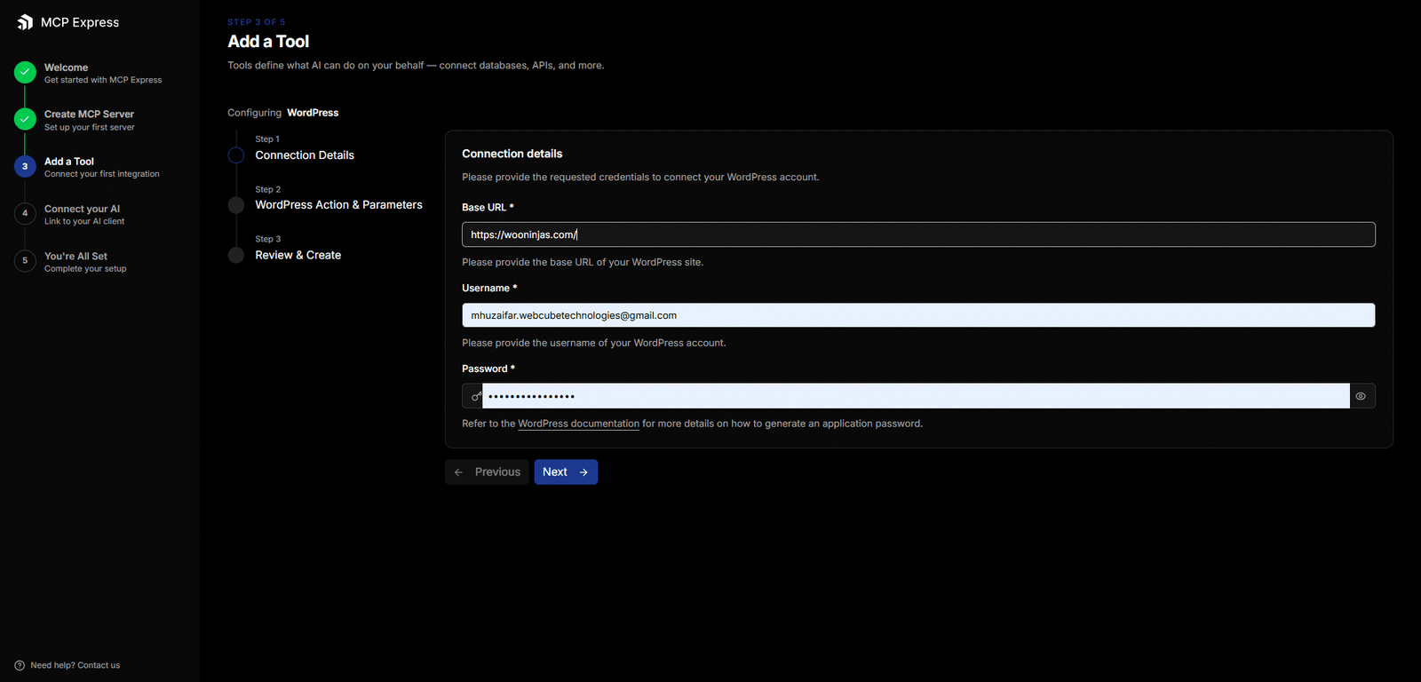 Image showing connection details with MCP express. 
