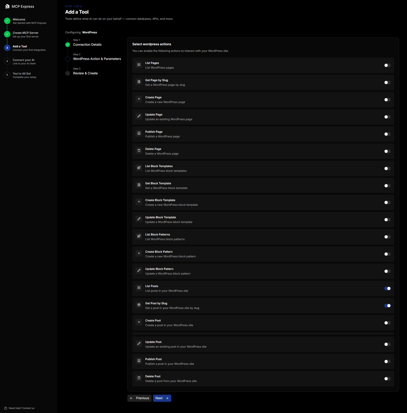 Image showing MCP Express settings. 