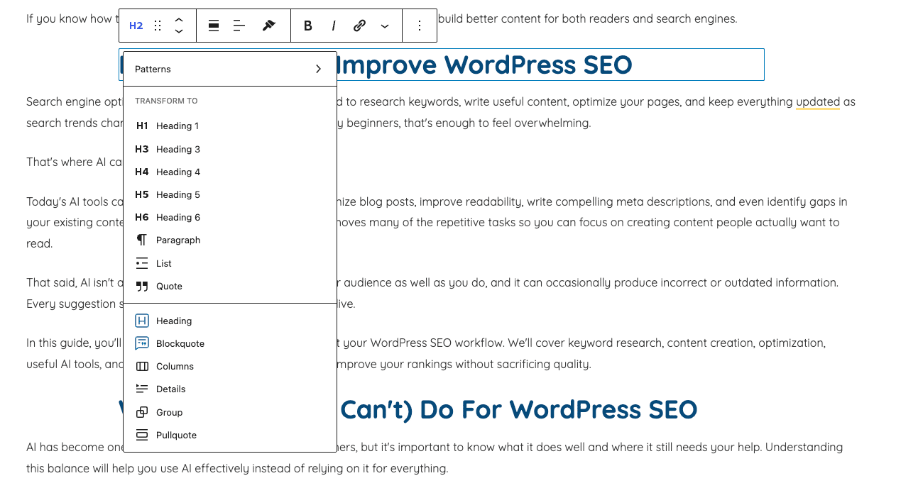 Image showing WordPress heading structure. 