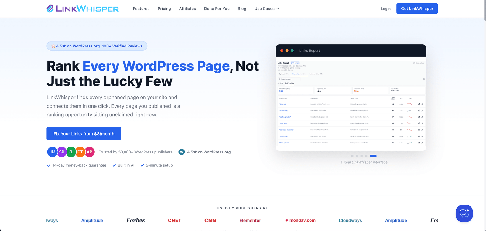 Image showing Link Whisper website homepage. 