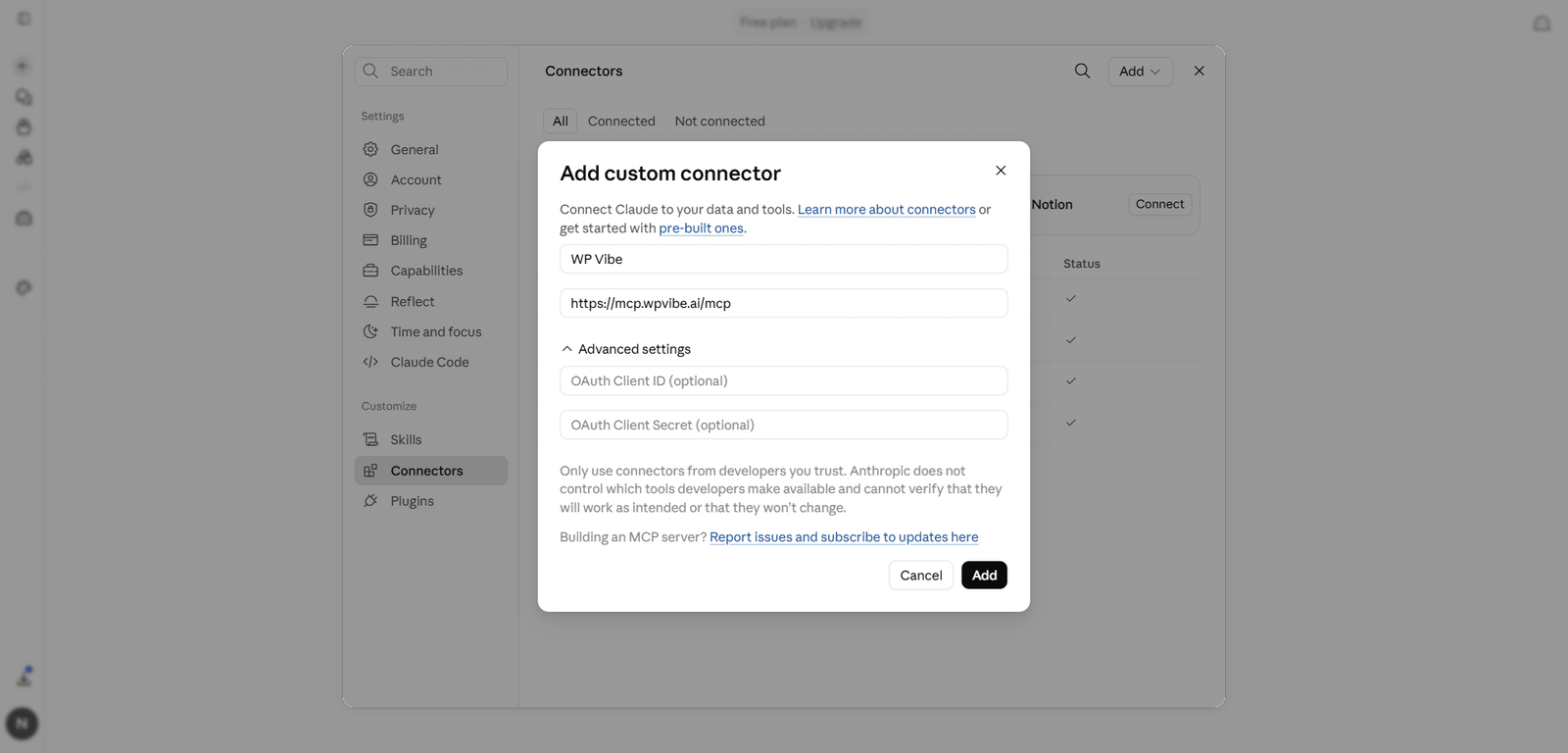 Image showing add custom connector.