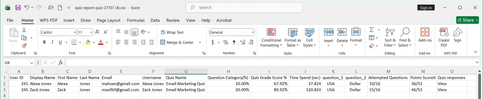 Image showing Detailed Single Quiz Exports.