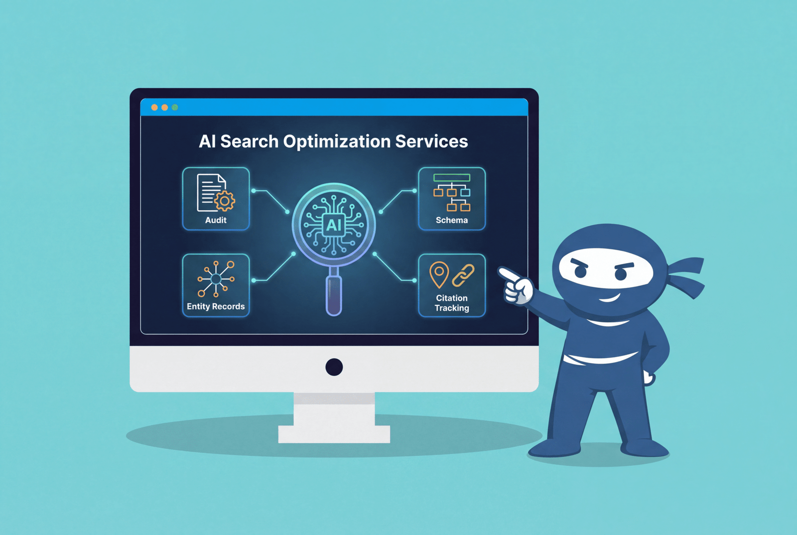 WooNinjas ninja mascot pointing at a screen showing AI Search Optimization Services with Audit, Schema, Entity Records, and Citation Tracking connected around a central AI icon