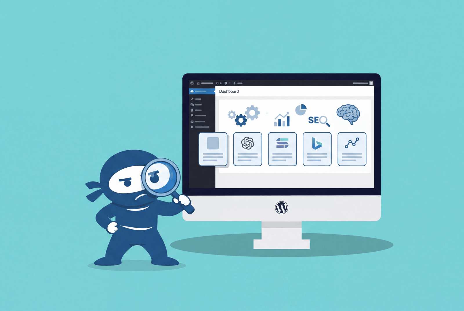 WordPress Wooninjas mascot inspecting a dashboard displaying LLM SEO tool integrations including ChatGPT, SEO, and Bing icons