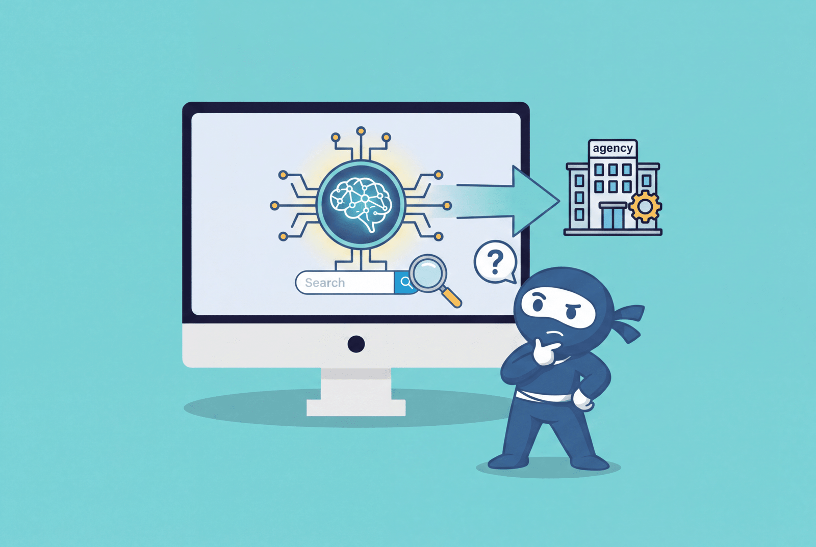 WooNinjas mascot thinking in front of a monitor showing an AI brain and search bar, with an arrow pointing to an agency building.