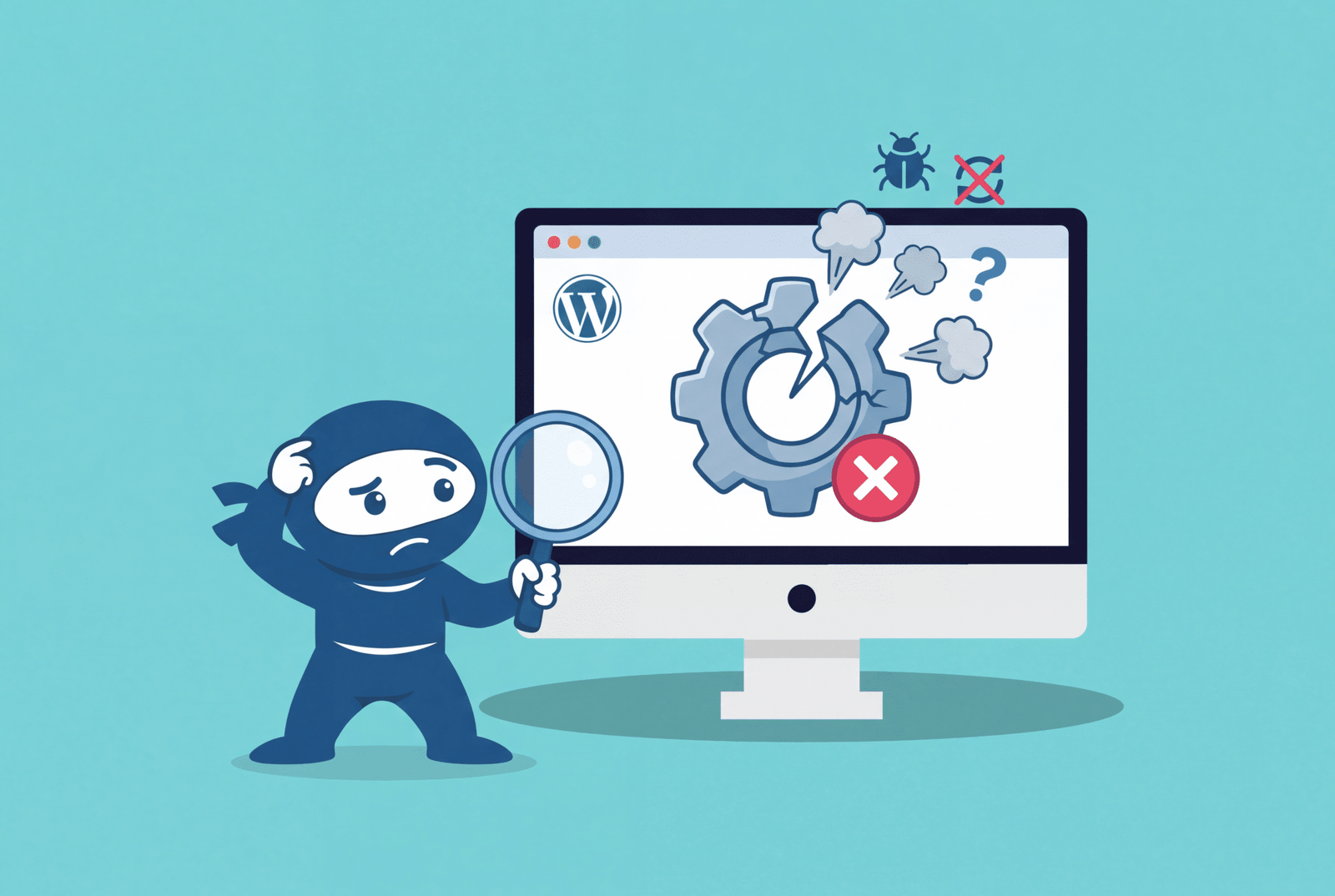 Confused ninja character holding a magnifying glass in front of a computer screen showing a broken WordPress gear icon with a bug and error symbols