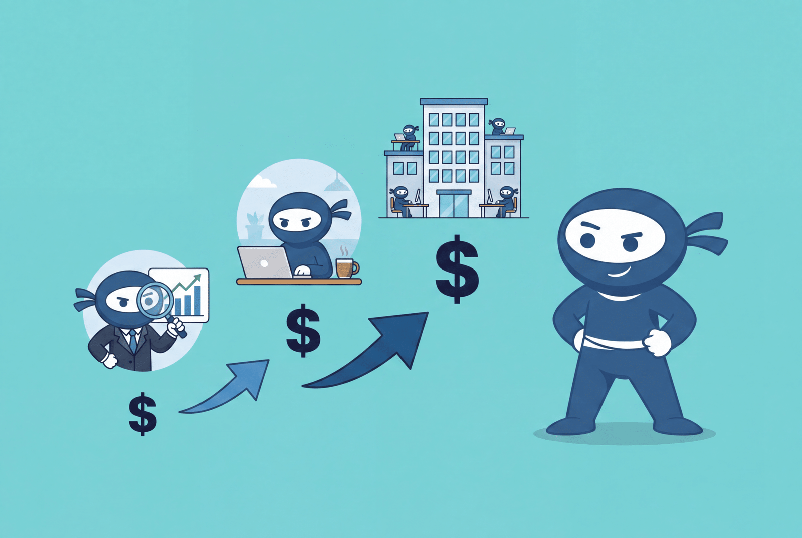 Illustrated ninjas representing an SEO consultant, freelancer, and agency team, with rising dollar signs showing cost differences